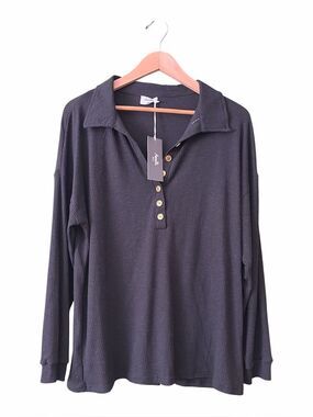 NWT Amalli Talli Waffle Knit Loose Henley Long Sleeve Top Blouse Gold Buttons XL
